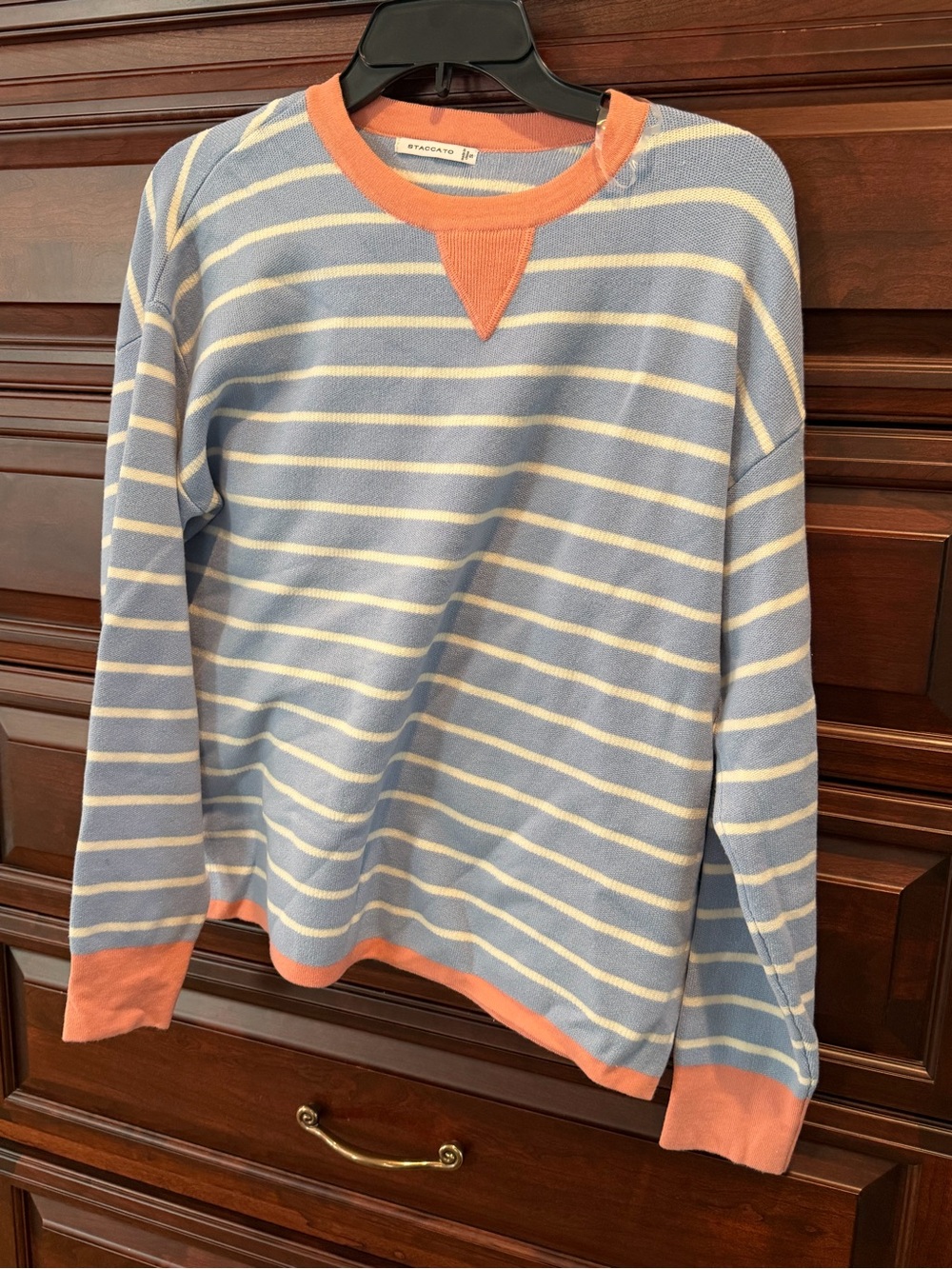Staccato Light Blue, Cream & Coral Striped Crewneck Sweater